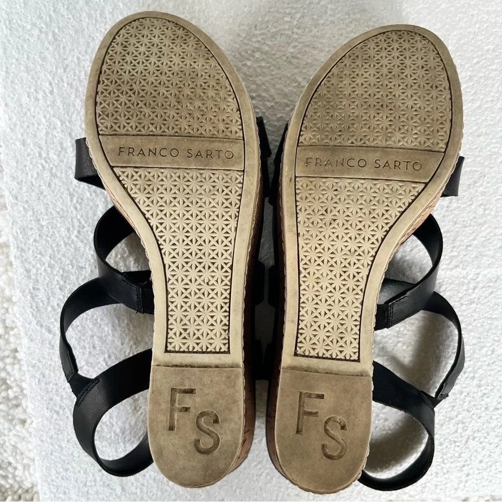 Franco Sarto Women's Leather Black and Tan Cork Strappy Wedge Sandals Size 9M